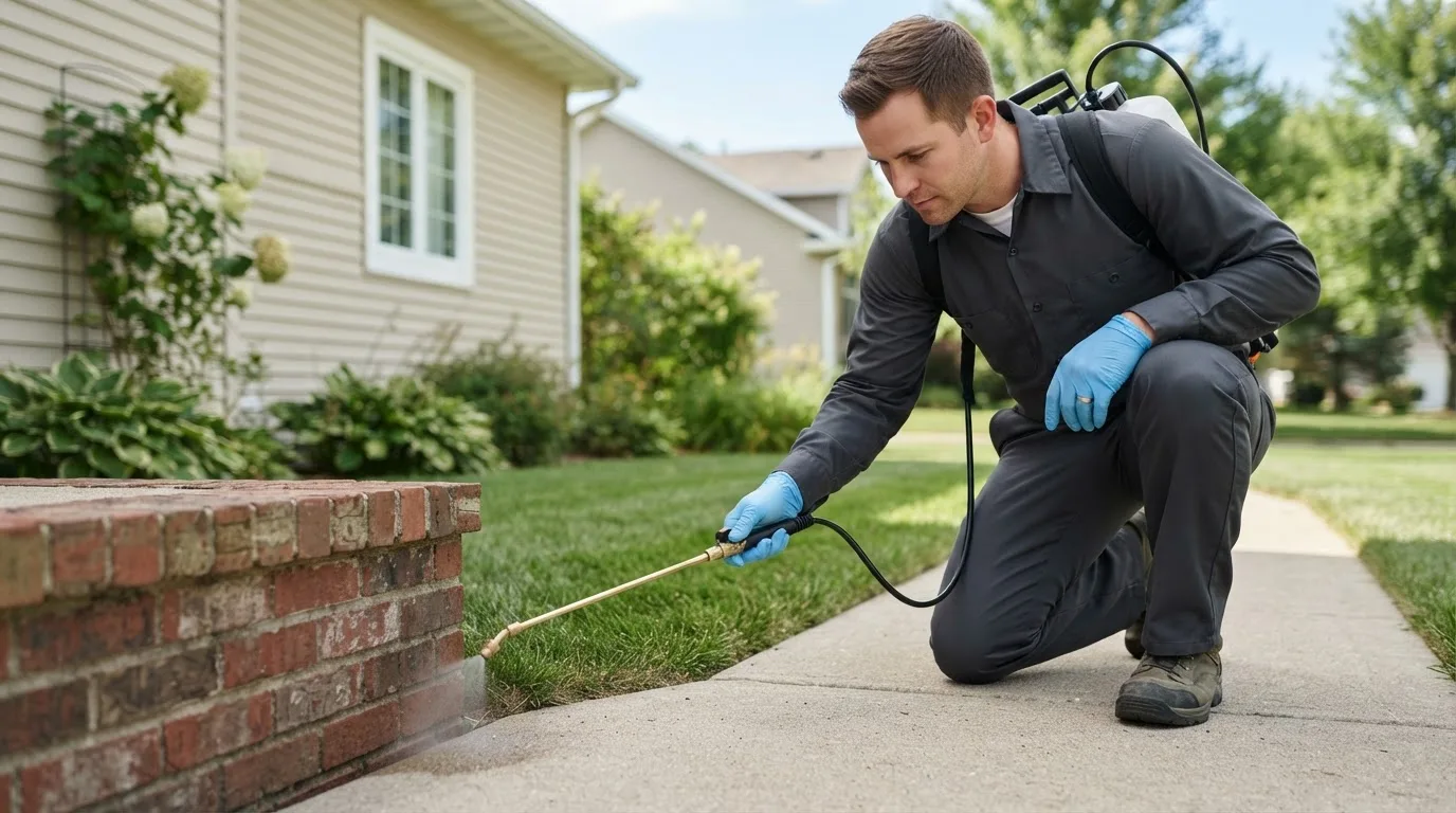 Pest control technician treating a home near Tyronza, AR
