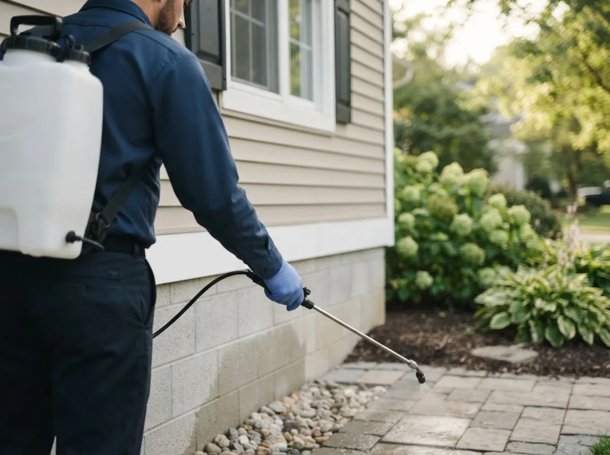 Pest control technician inspecting a home in Tyronza, AR